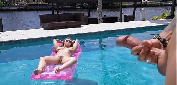  Busty teen relaxes naked in her pool